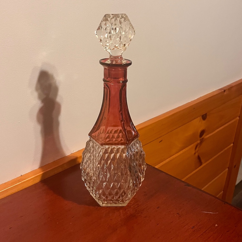 Vintage Indiana Glass Diamond Point Ruby Red Decanter with Stopper-1970’s